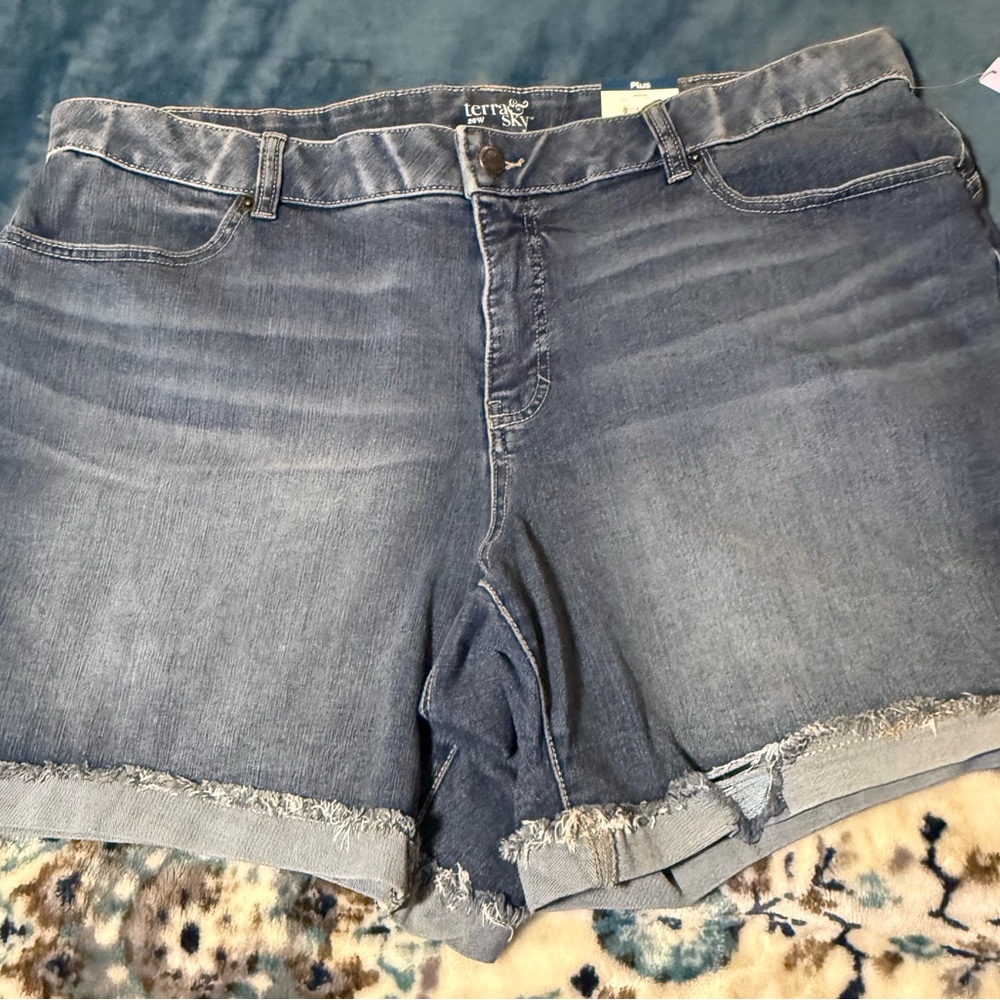 Terra & Sky Faded Blue Denim Jean Shorts with Frayed Hem